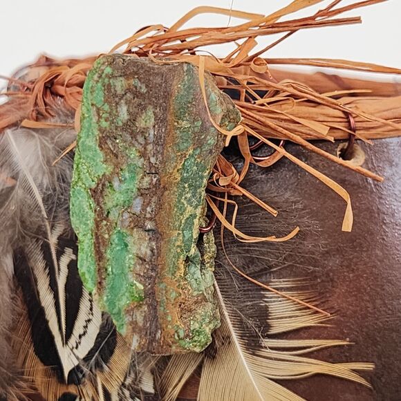 Hand Painted Gourd Bowl Handmade Art Feathers Agate Signed Brown Green - Picture 3 of 11